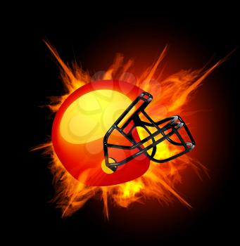 American football helmet in fire isolated on dark background