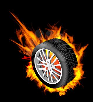 burning wheel tire on black background. Vector illustration.