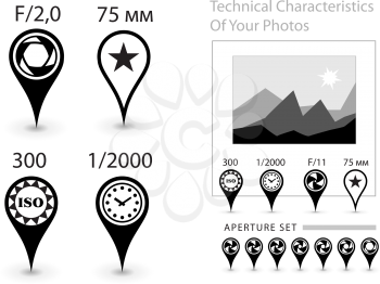 Icons - a pins to describe the technical characteristics of the photographs. Aperture, shutter speed, ISO, focal distance