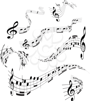 Set of curling, vector musical notes staff on white