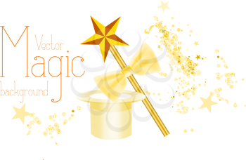 Magic background with wand, bow and hat on wihte. Vector illustration