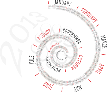 2013 calendar in spiral form with the names of days of the week and holidays