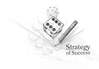Strategy for success - illustration of dice on calculations drawing background