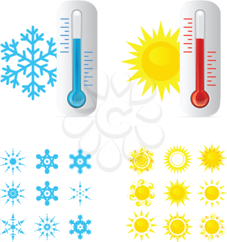 Thermometer Hot And Cold Temperature. Also Sun and snowflakes icons set. Vector iilustration
