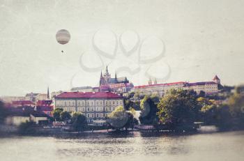 Royalty Free Photo of a  Balloon Over the River Vltava Near the Museum of Franz Kafka in Prague
