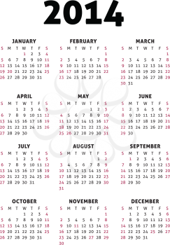 Simple 2014 Calendar. Vector illustration on white