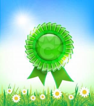 Royalty Free Clipart Image of a Green Badge Above Daisies