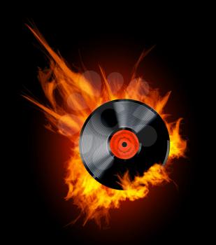Royalty Free Clipart Image of a Vinyl Record in Flames