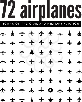 72 airplanes. Vector  icons on white background