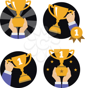 Hand holding golden trophy. Vector illustration in flat style