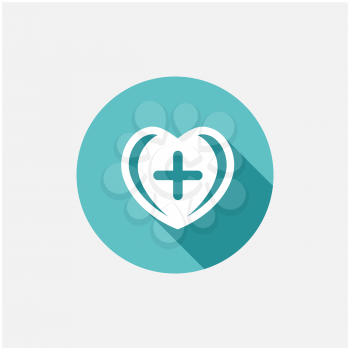 First aid medical sign on heart shape in flat style with long shadows. Vector illustration