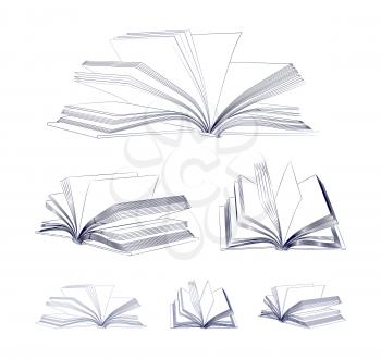 Open book sketch set isolated on white background. Vector illustration