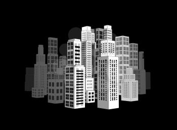 City with three-dimensional buildings and skyscrapers.  Vector illustration on black background