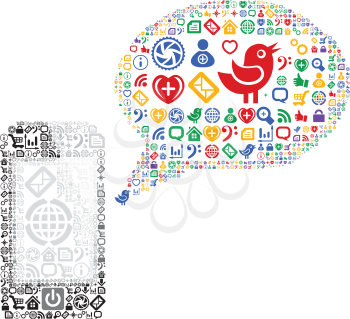 Icon group as speech bubble cloud and mobile phone. Vector illustration