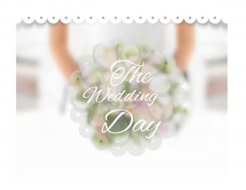 Wedding vector invitation template. Bride holding a bouquet of flowers