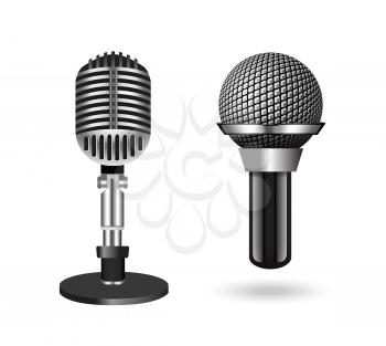 Vintage silver microphones isolated on white background. Vector illustration