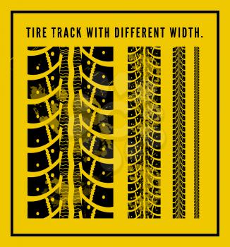 Tire tracks collection with different width. Vector illustration on yellow background