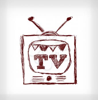 Retro christmas TV. Hand drawn vector illustration on light grey background