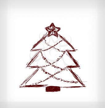 Christmas tree with star. Hand drawn vector illustration on light grey background