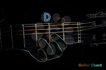Guitar chord on a dark background, stylized illustration of an X-ray. D major chord