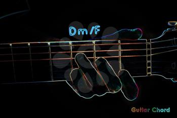 Guitar chord on a dark background, stylized illustration of an X-ray. Dm/F chord