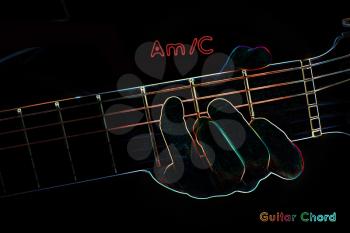 Guitar chord on a dark background, stylized illustration of an X-ray. Am/C chord