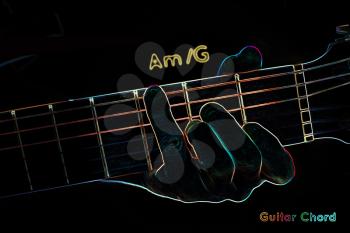 Guitar chord on a dark background, stylized illustration of an X-ray. Am/G chord