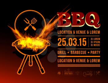 Barbecue grill party. Vector illustration with fire on dark background