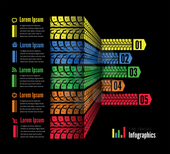 Tire tracks infographics background. Vector illustration on black