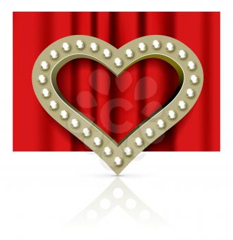 Vector marquee heart symbol with glowing light bulbs on red curtain background
