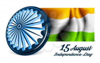 Indian Independence Day vector background with 3D Ashoka wheel and flag
