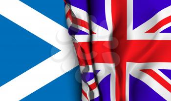 Flag of United Kingdom over the flag of Scotland. Vector illustration that can be used as a concept of trade and political relations between the two countries