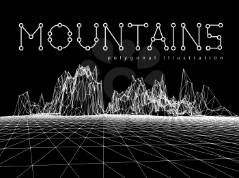 Wireframe mesh polygonal surface. Mountains with connected lines and dots. Vector illustration