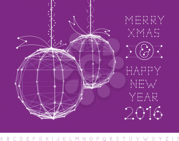 Christmas balls of connected lines and points, as the low-poly sphere. The font style in the same applied in the form of letters at the bottom of Illustrations. Vector greeting card with Christmas and