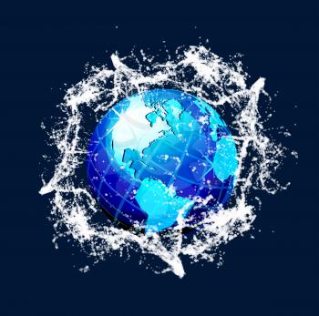 Blue vector world globe with water splash effects