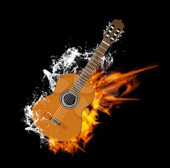 Vector Acoustic Guitar on Fire and Water Isolated on Black Background. 