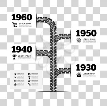 Tire tracks timeline infographics.  Vector illustration on checkered background