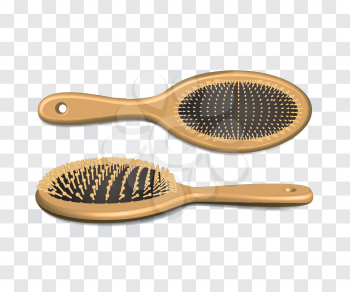Wooden hairbrush isolated on checkered. Vector illustration