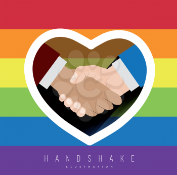 Close up of handshake with rainbow colors for gay pride. Vector illustration