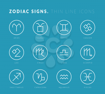 Zodiac signs. Thin line vector icons. Illustration on blue background