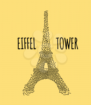 Eiffel Tower in hand-drawn doodle style on yellow background