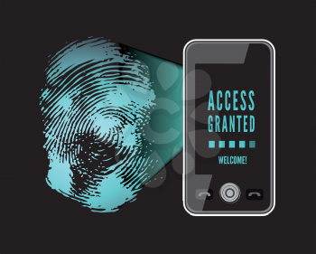Smartphone scanning a fingerprint. Vector illustration on black background