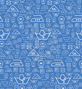 Pattern created from laundry washing symbols on a blue background. Seamless vector illustration