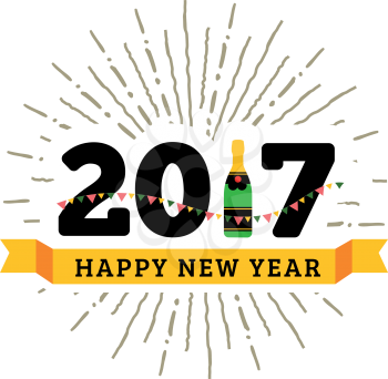 Congratulations to the happy new 2017 year with a bottle of champagne, flags. Vector flat illustration with sunburst
