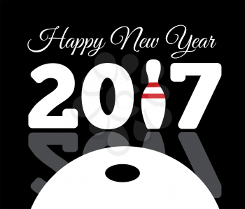 Congratulations to the happy new 2017 year with a bowling and ball. Vector flat illustration