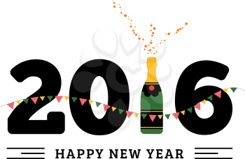 Congratulations to the happy new 2016 year with a bottle of champagne, flags. Vector flat illustration