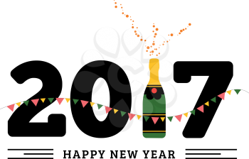 Congratulations to the happy new 2017 year with a bottle of champagne, flags. Vector flat illustration