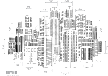 Building wireframe. 3d render city. Vector blueprint illustration