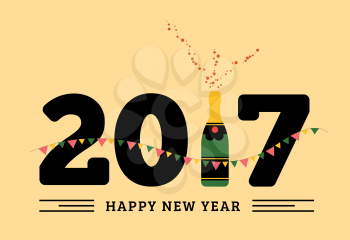 Congratulations to the happy new 2017 year with a bottle of champagne, flags. Vector flat illustration