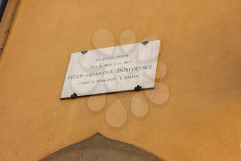 FLORENCE, ITALY - September 23, 2016: The plate on the house where the greatest Russian writer Fyodor Dostoevsky lived. Place of writing the novel The Idiot 